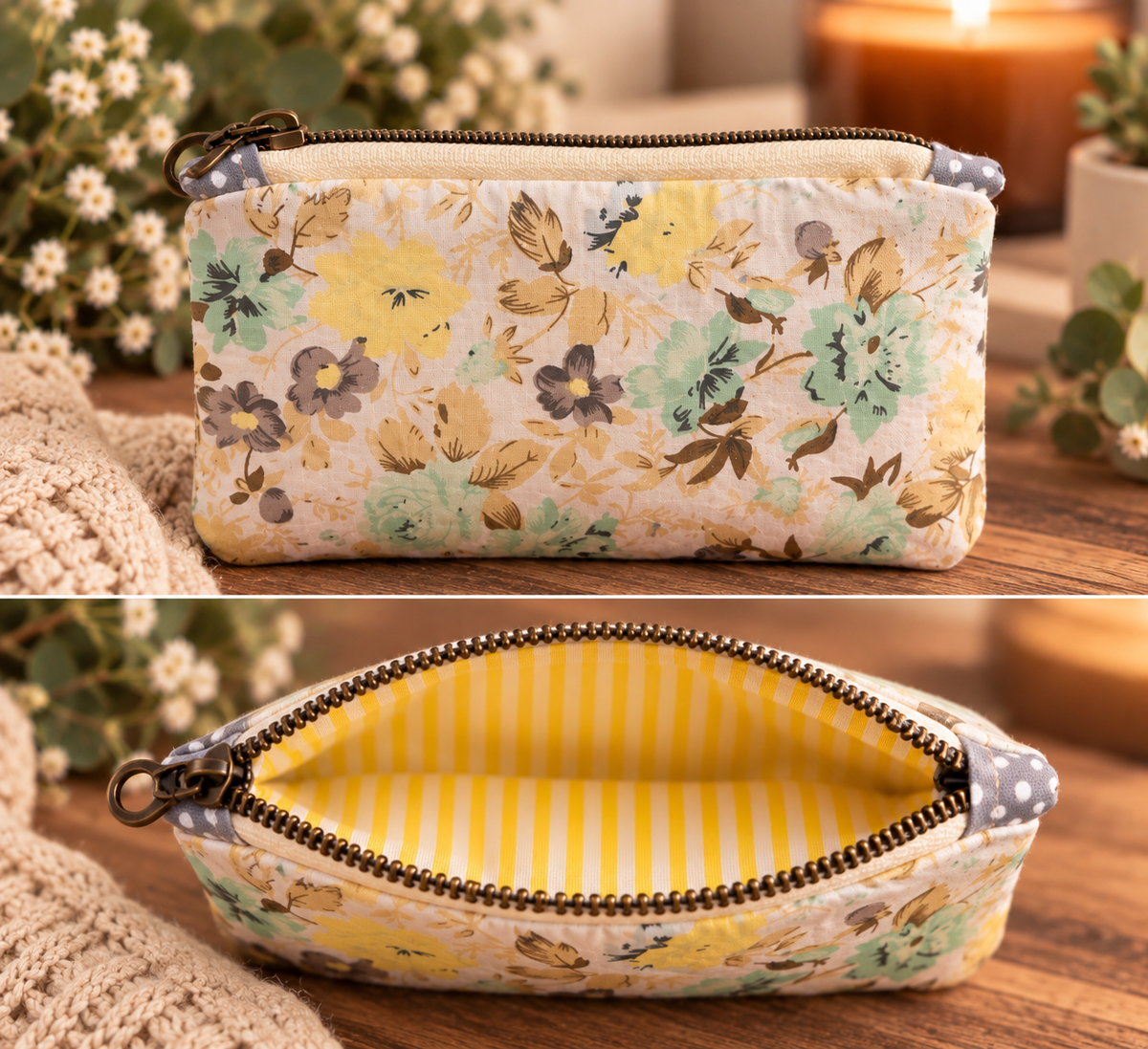 Grey Floral Zipper Pouch