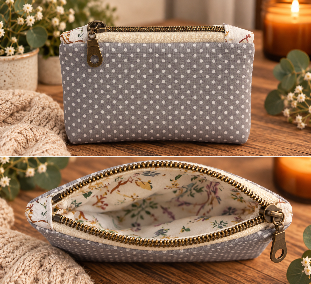 Grey & White Polka Dot Zipper Pouch
