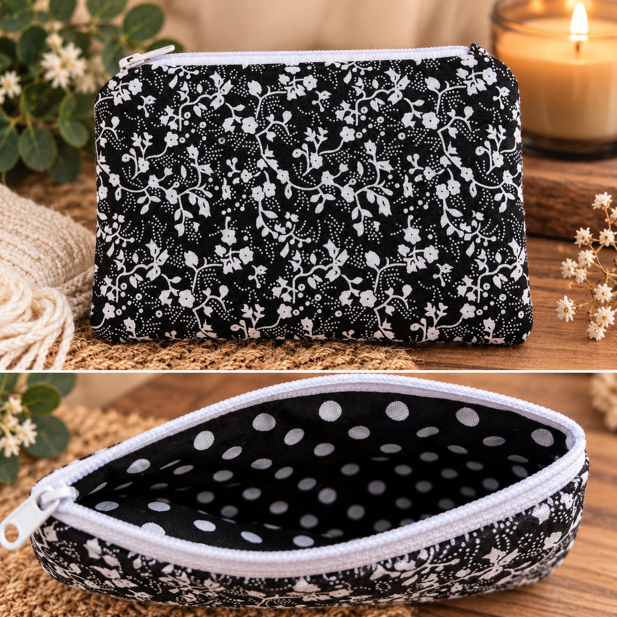 Black and white floral zipper pouch