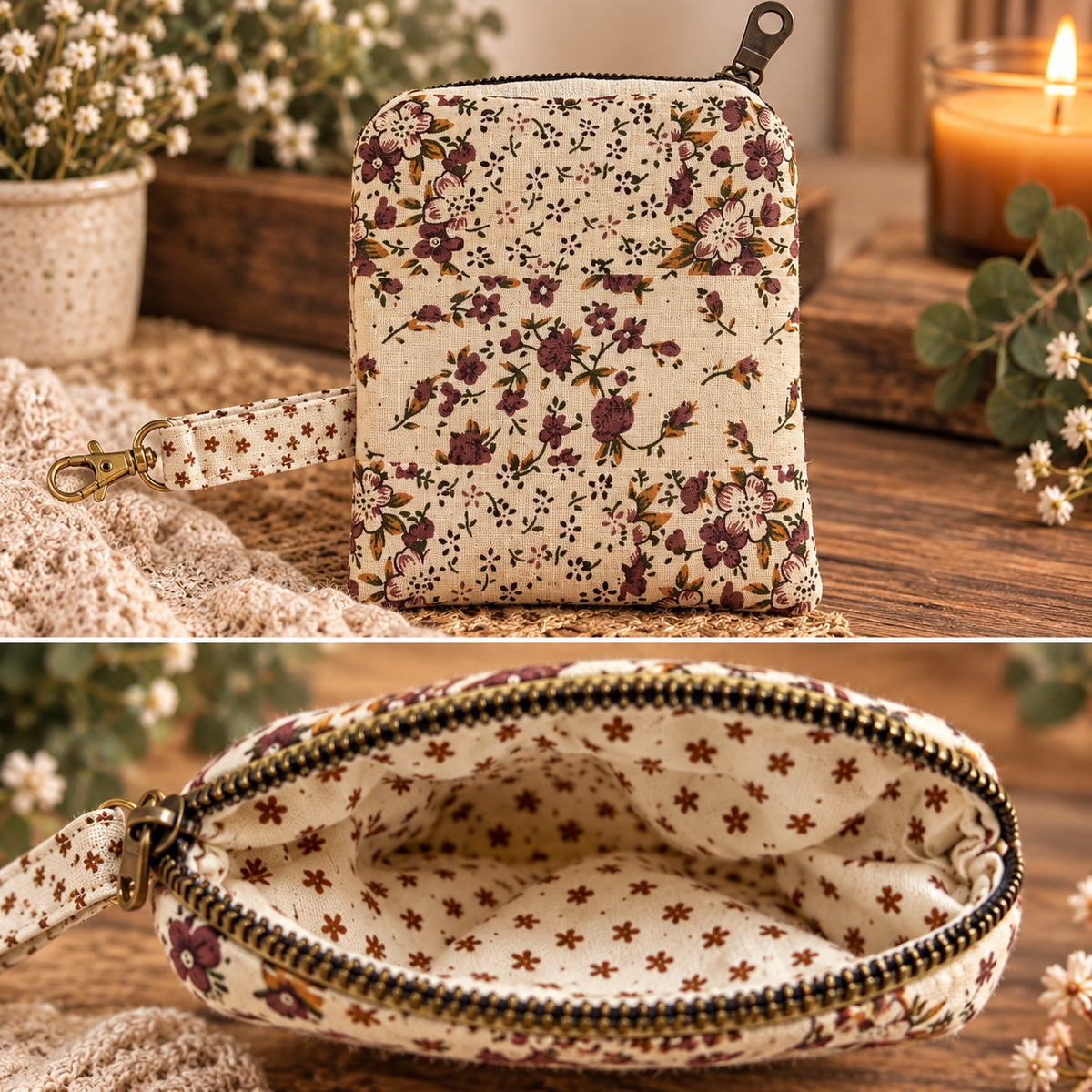 Brown floral zipper pouch