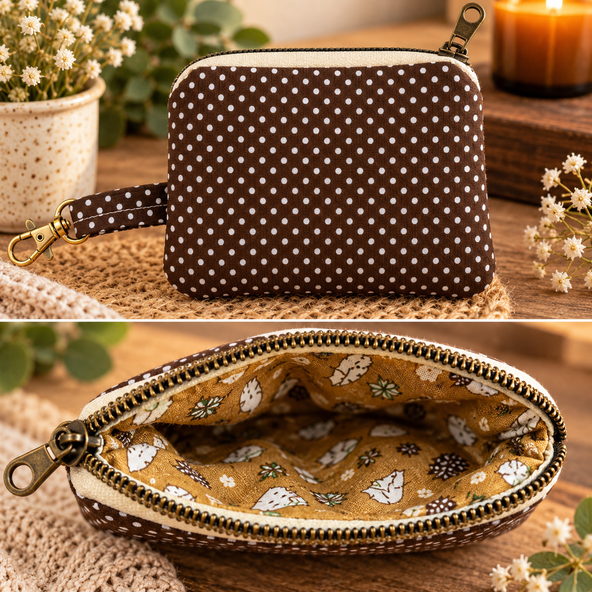 Brown and White Polka Dot Zipper Pouch