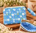 Blue Flowers Zipper Pouch with Checkered Lining