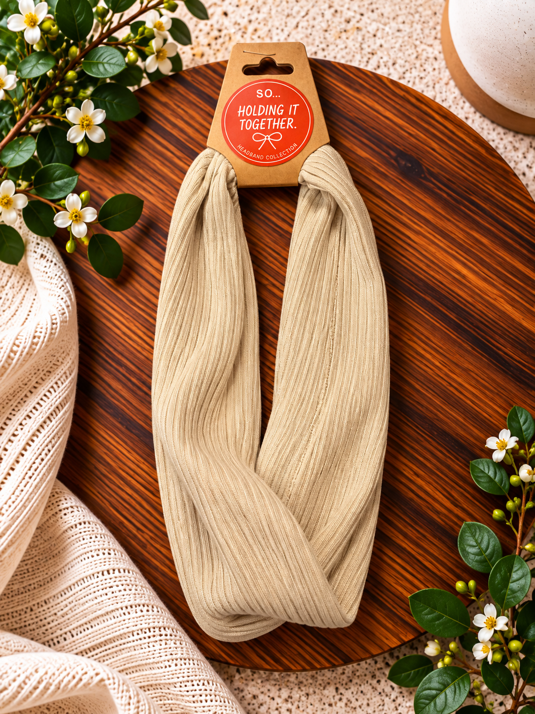 Cream Blue Ribbed Headband