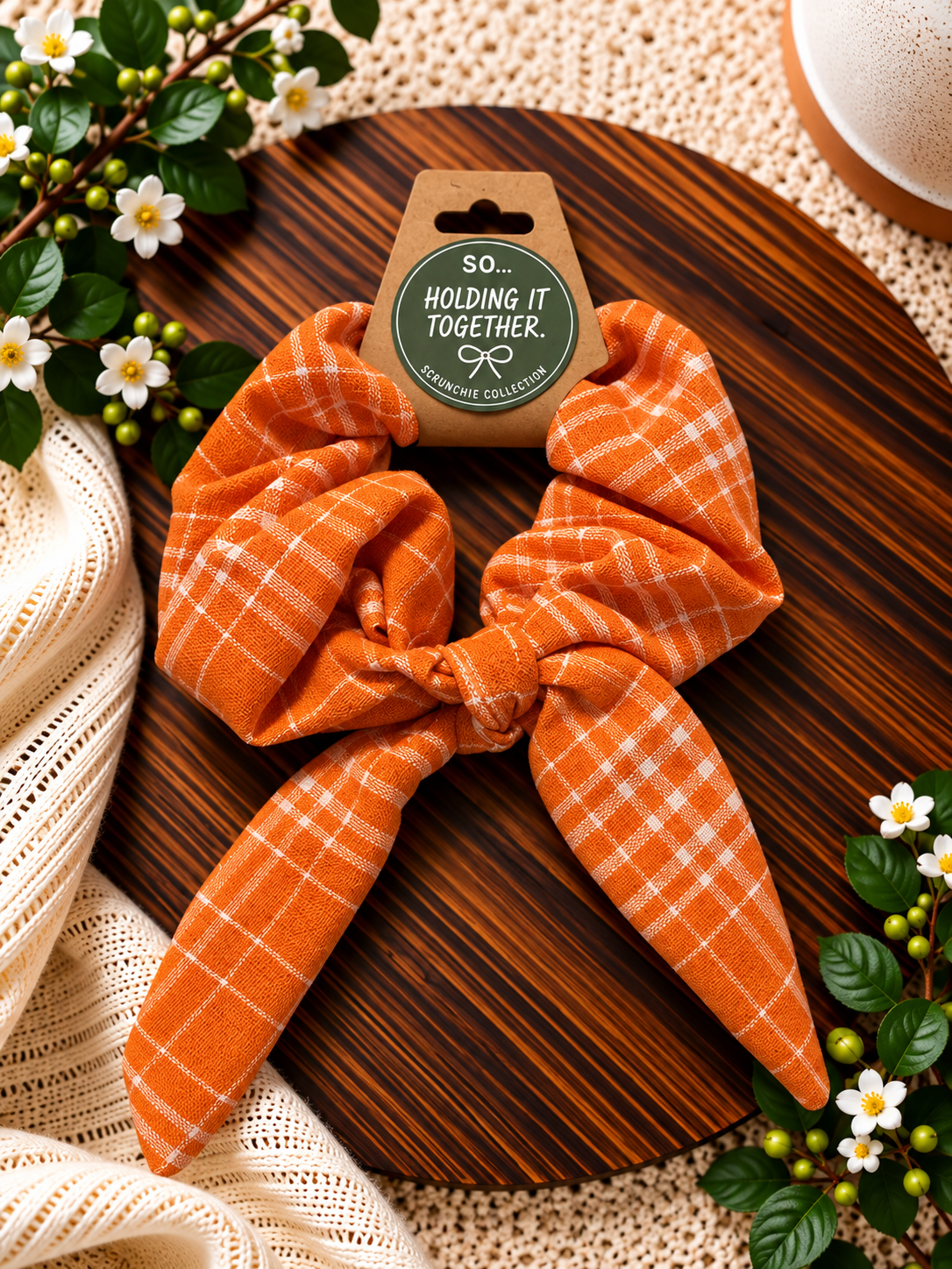 Orange Checkered Bow Scrunchie